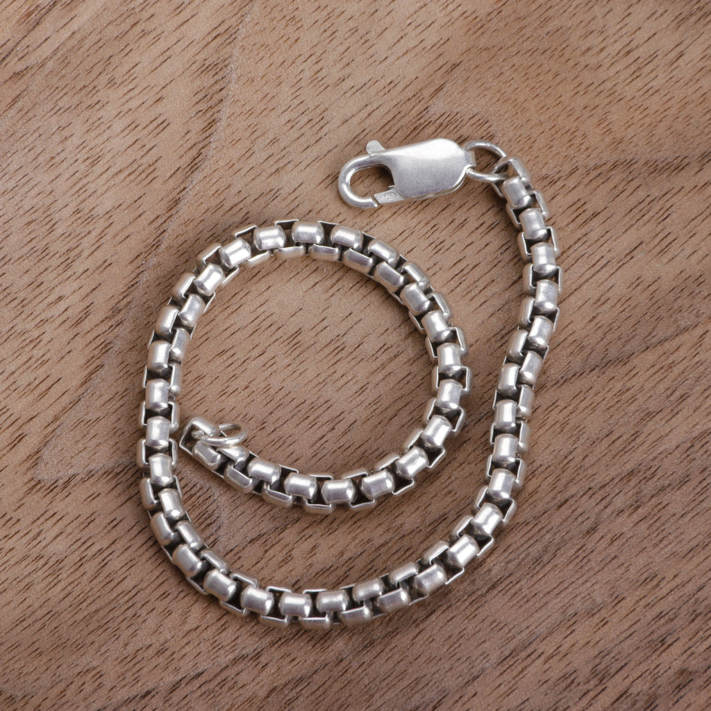 925 Sterling Silver Classic Box Chain Bracelet, Unisex Round Venetian Link Jewelry
