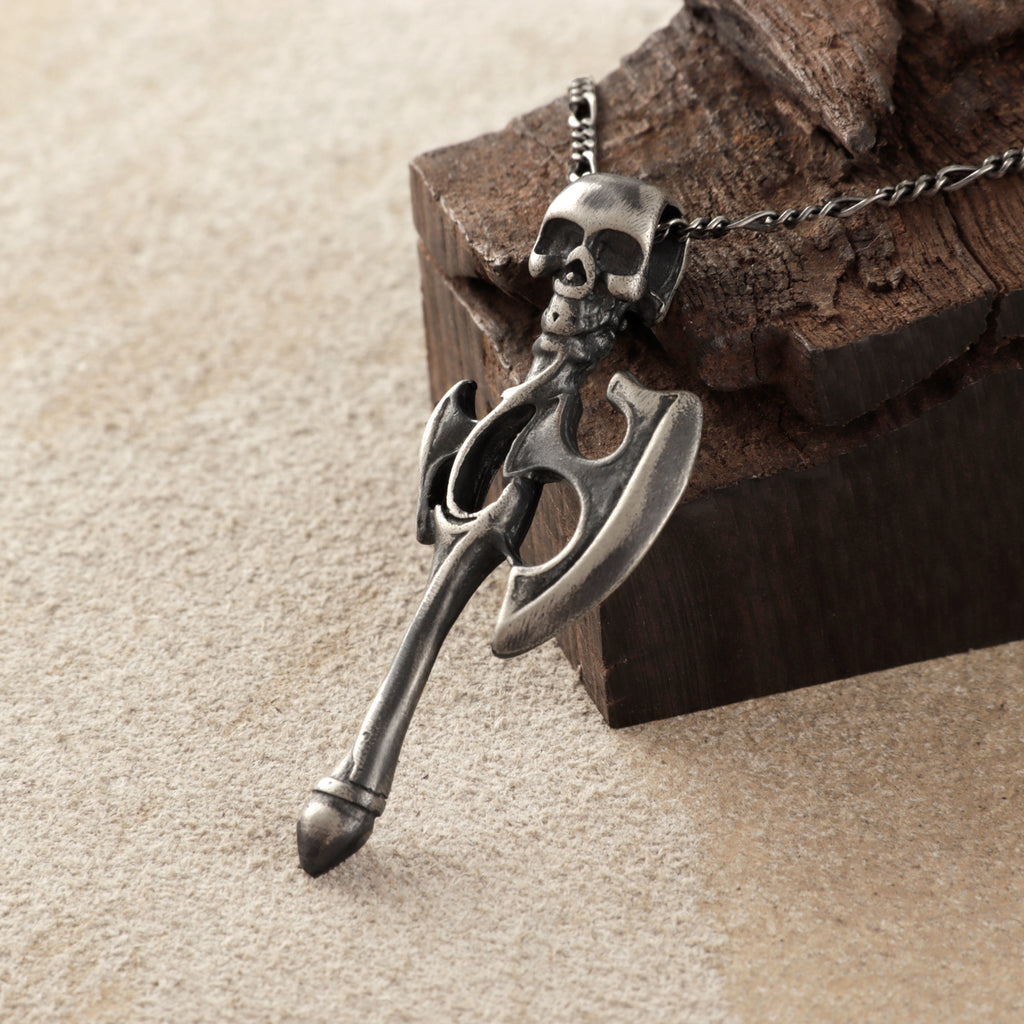 925 Sterling Silver Gothic Skull Battle Axe Durable Viking Warrior Pendant