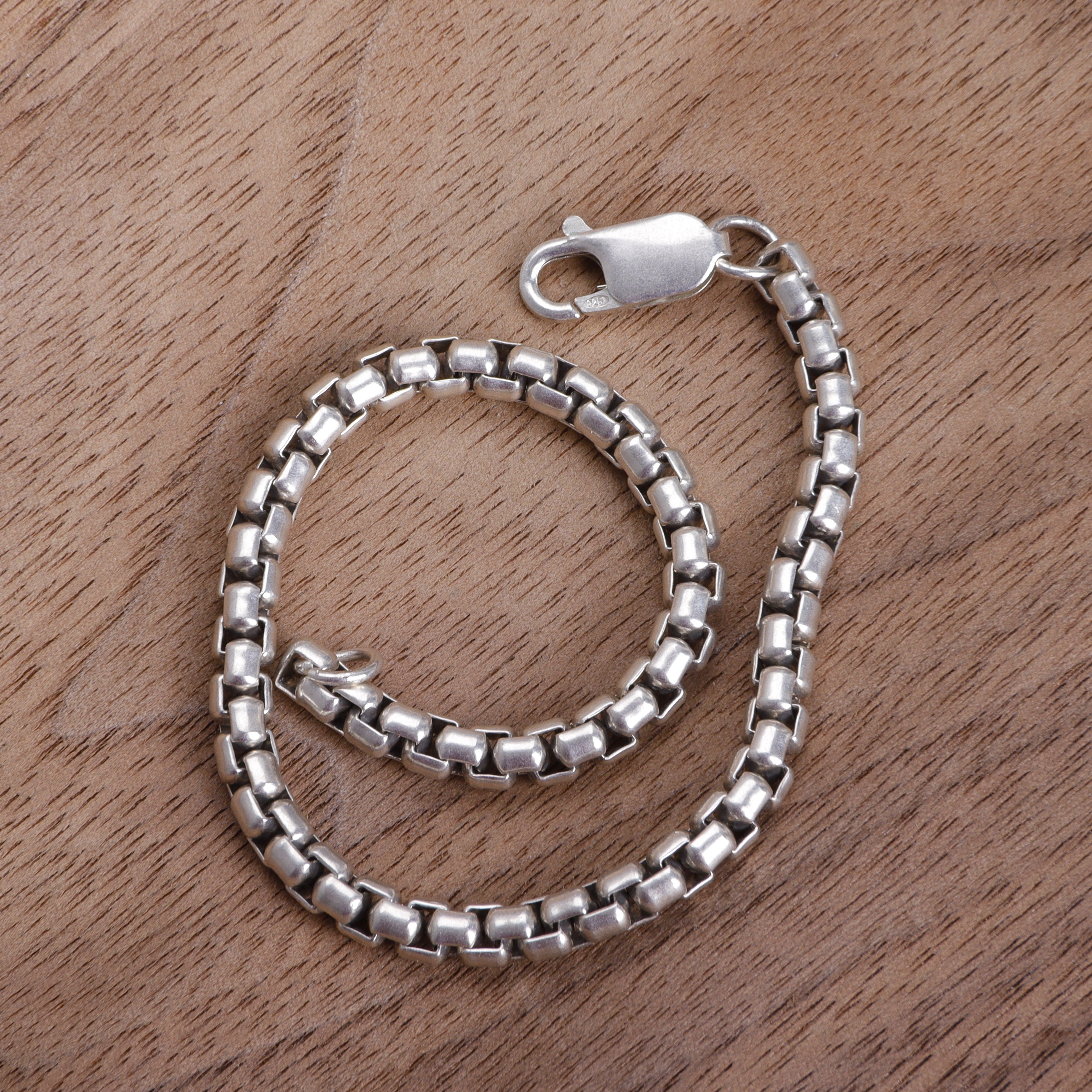 925 Sterling Silver Classic Box Chain Bracelet, Unisex Round Venetian Link Jewelry