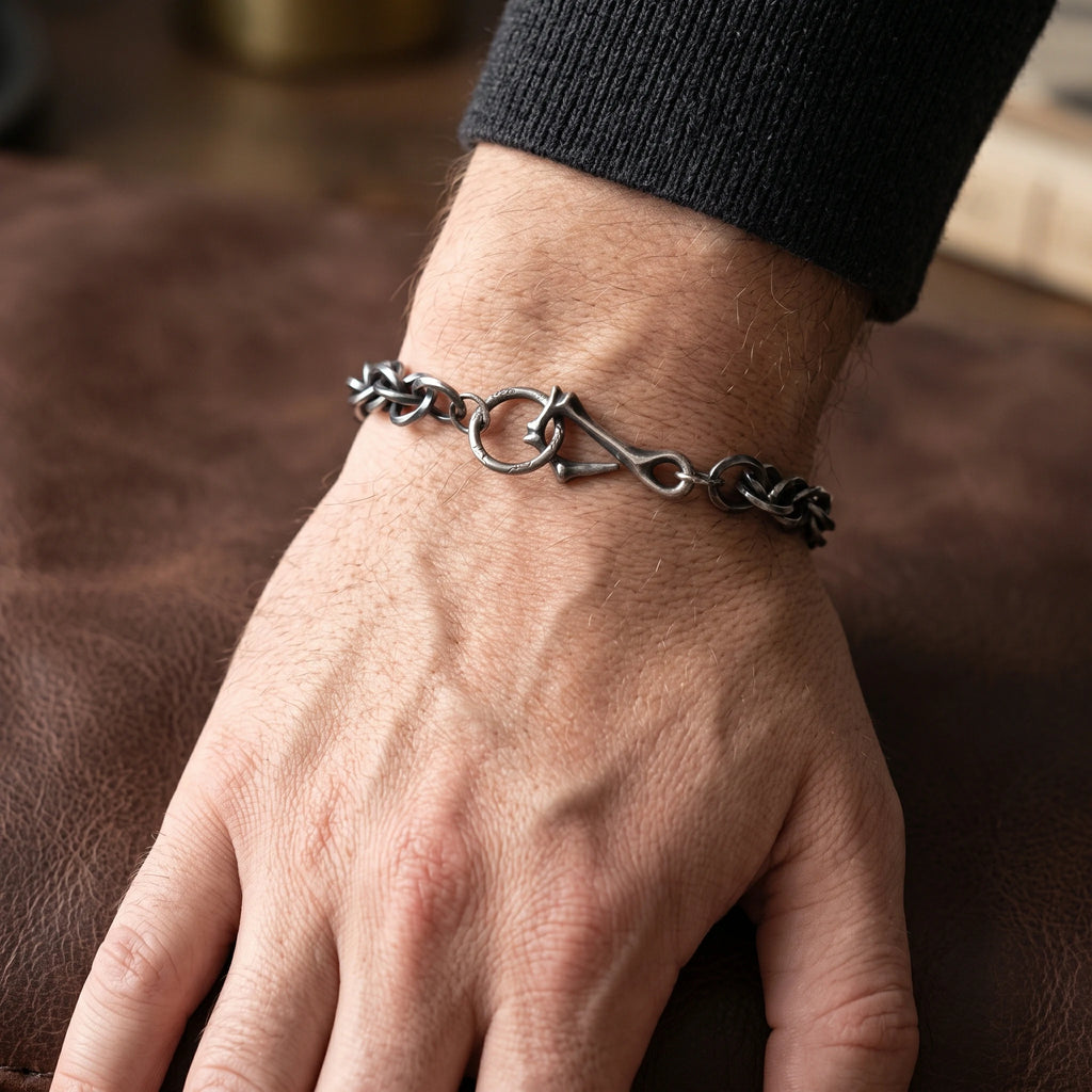 Rustic 925 Sterling Silver Heavy Loop Chain Bracelet with Artisan Bone Clasp