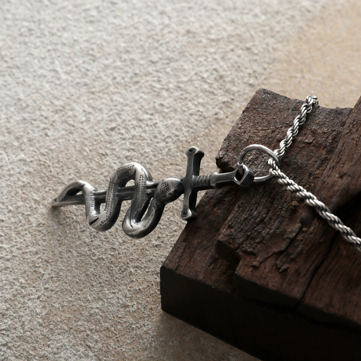 925 Sterling Silver Vintage Durable Snake and Sword Pendant Necklace