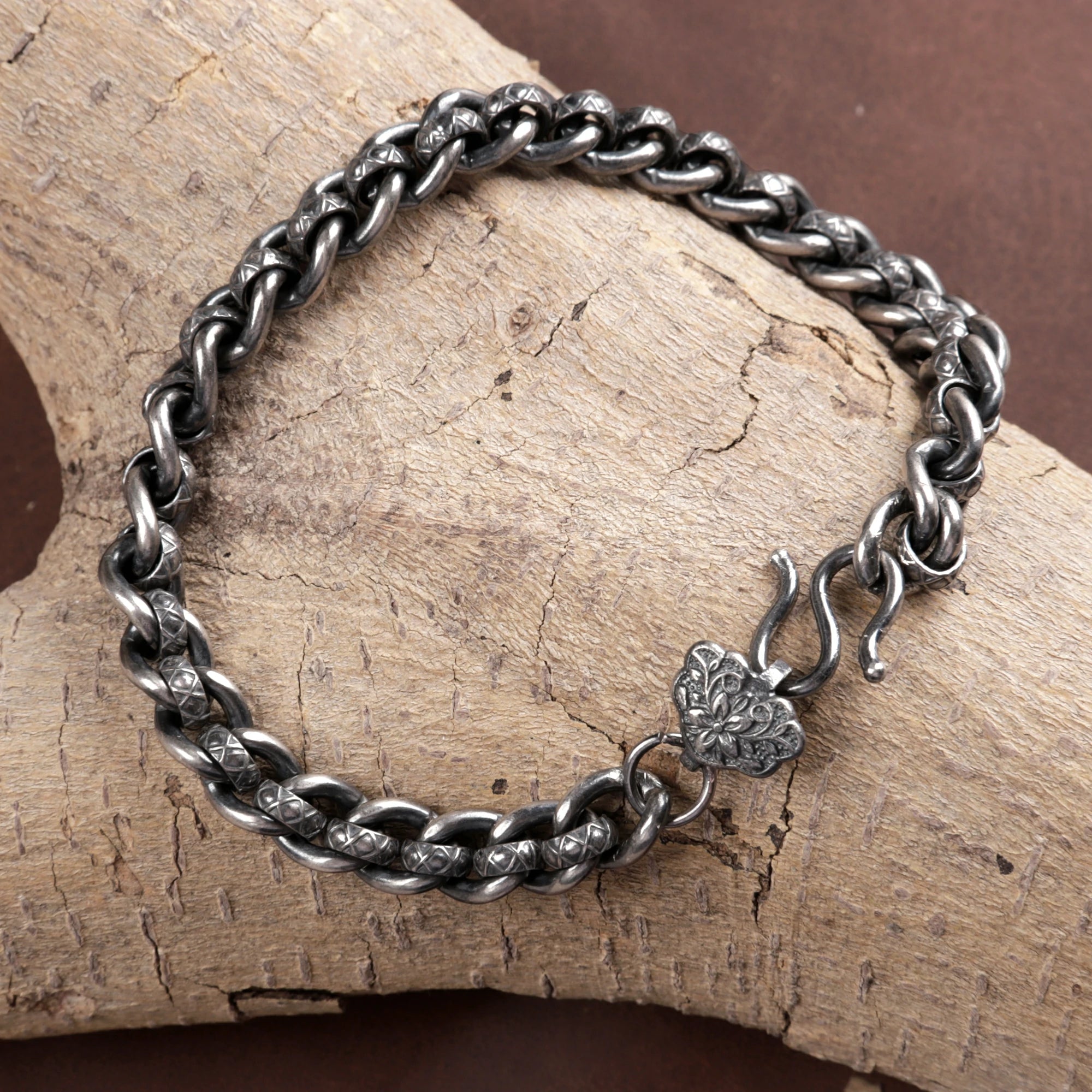 Vintage 925 Sterling Silver Floral Clasp Chain Bracelet for Women