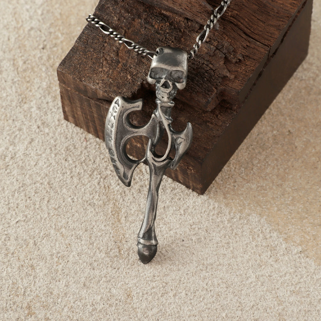 925 Sterling Silver Gothic Skull Battle Axe Durable Viking Warrior Pendant