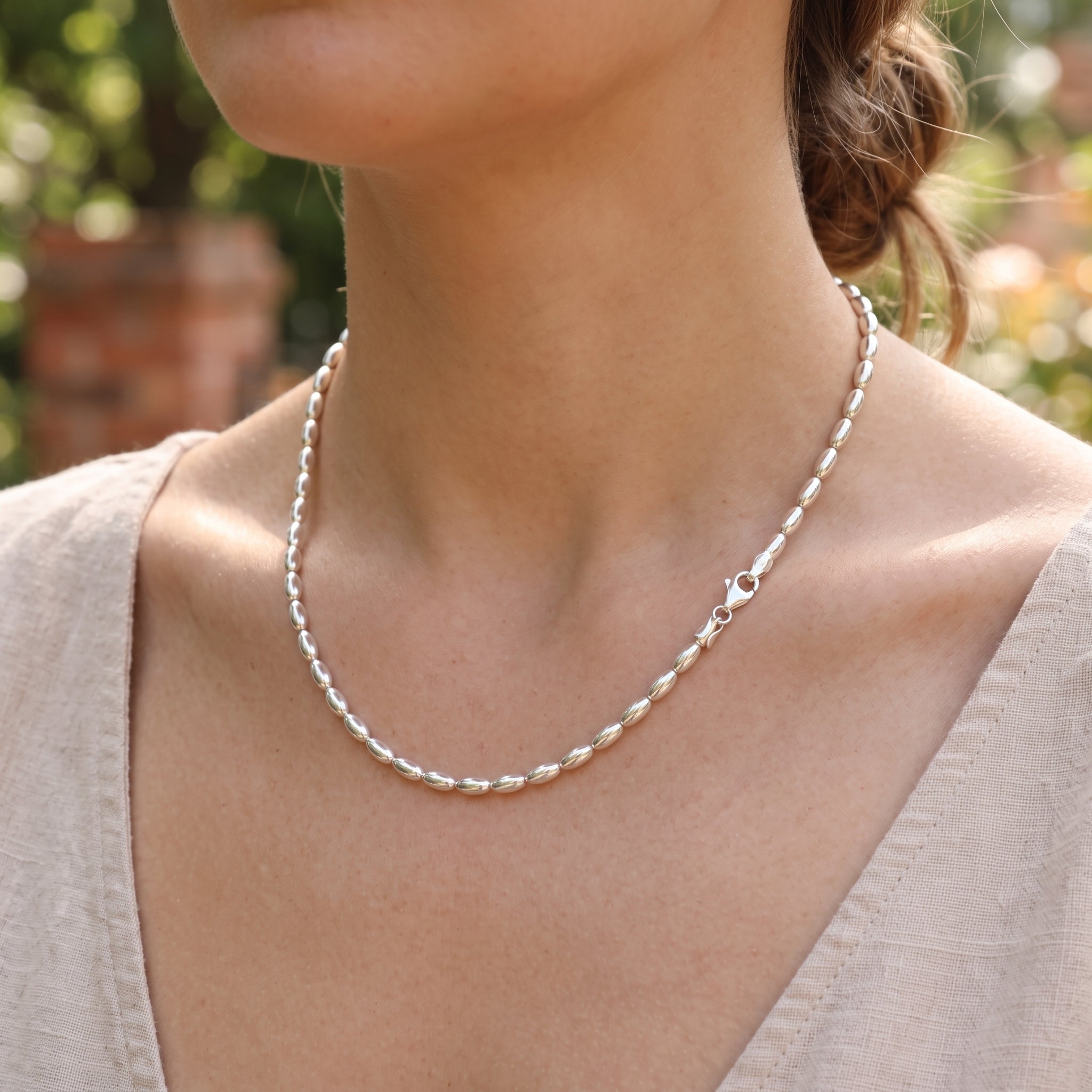 Women's 925 Sterling Silver Oval Rice Bead Chain Necklace
