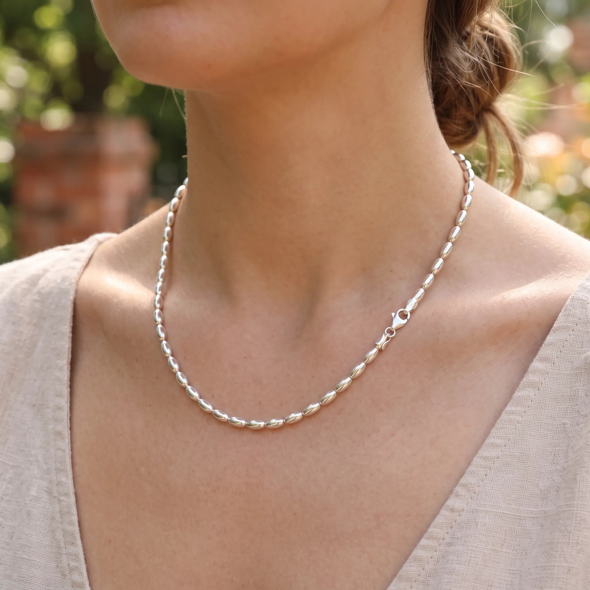 Women's 925 Sterling Silver Oval Rice Bead Chain Necklace