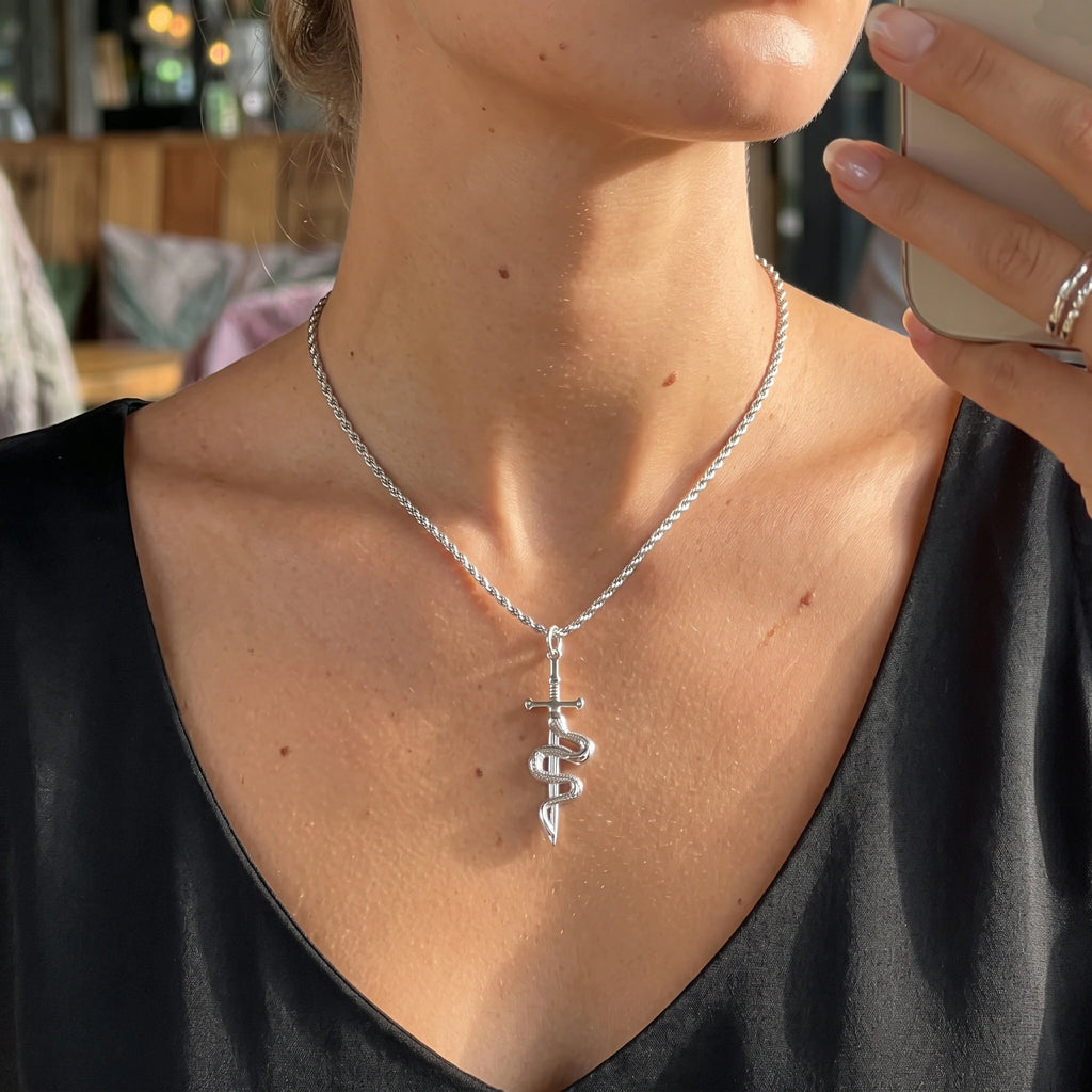 925 Sterling Silver Vintage Durable Snake and Sword Pendant Necklace