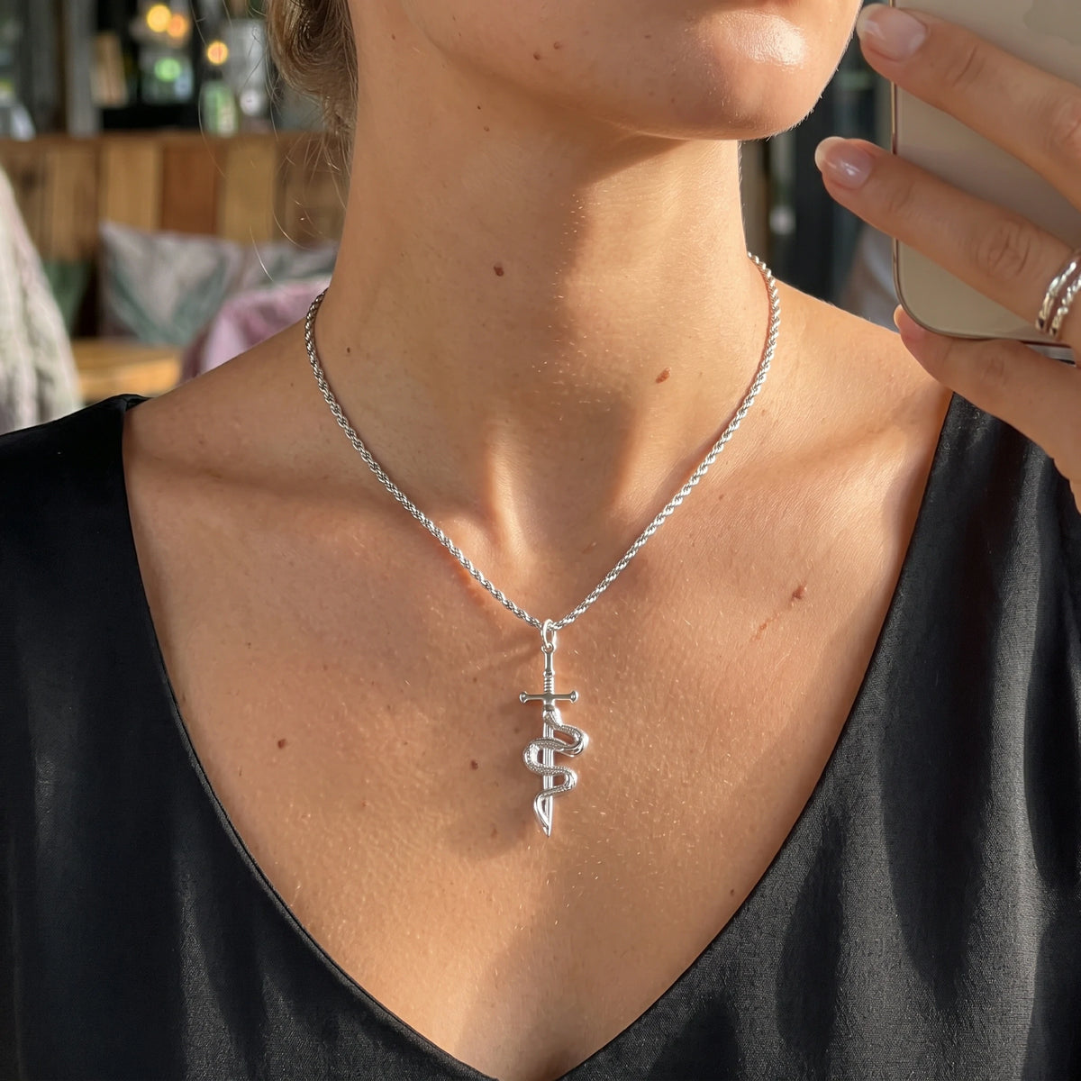925 Sterling Silver Vintage Durable Snake and Sword Pendant Necklace