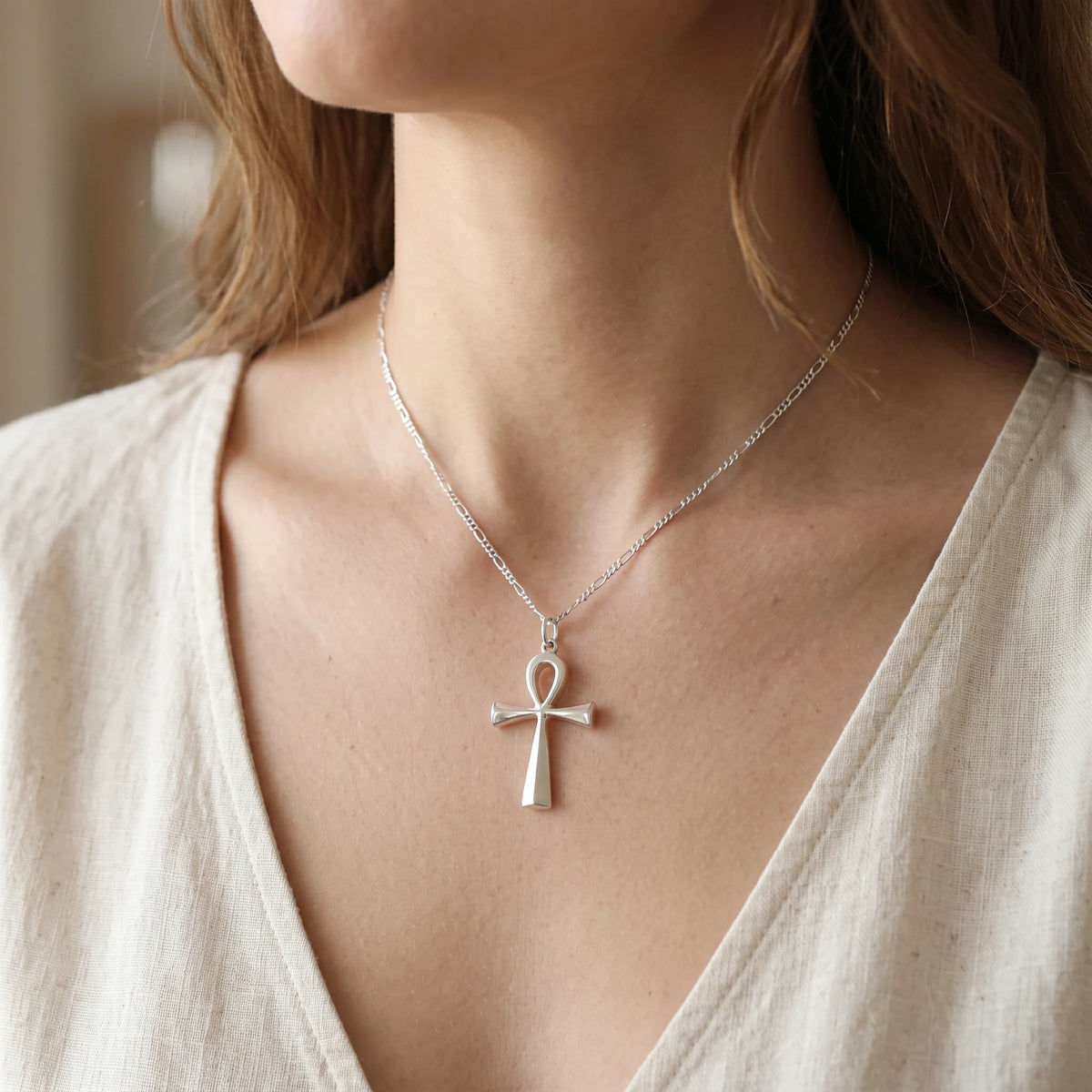 925 Sterling Silver Beveled Ankh Holy Cross Durable Faith Pendant Necklace